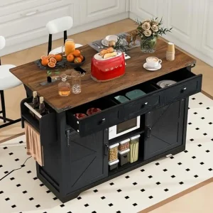 Kitchen Island Cart with Power Outlets 53.8" Portable Farmhouse Style